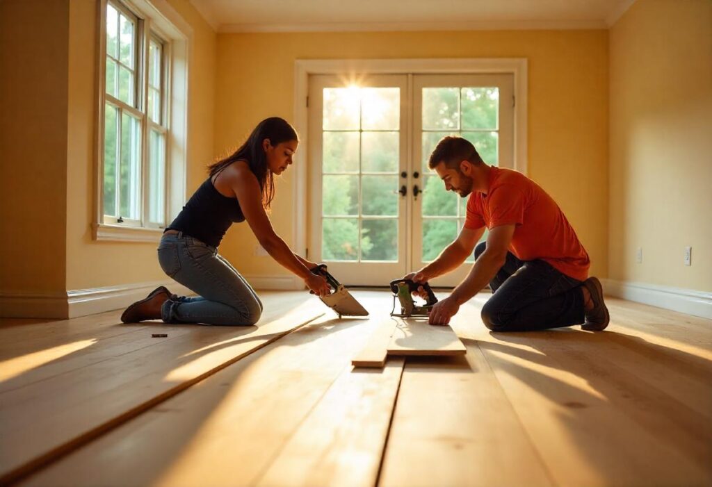 a couple installing oak wood flooring in their home