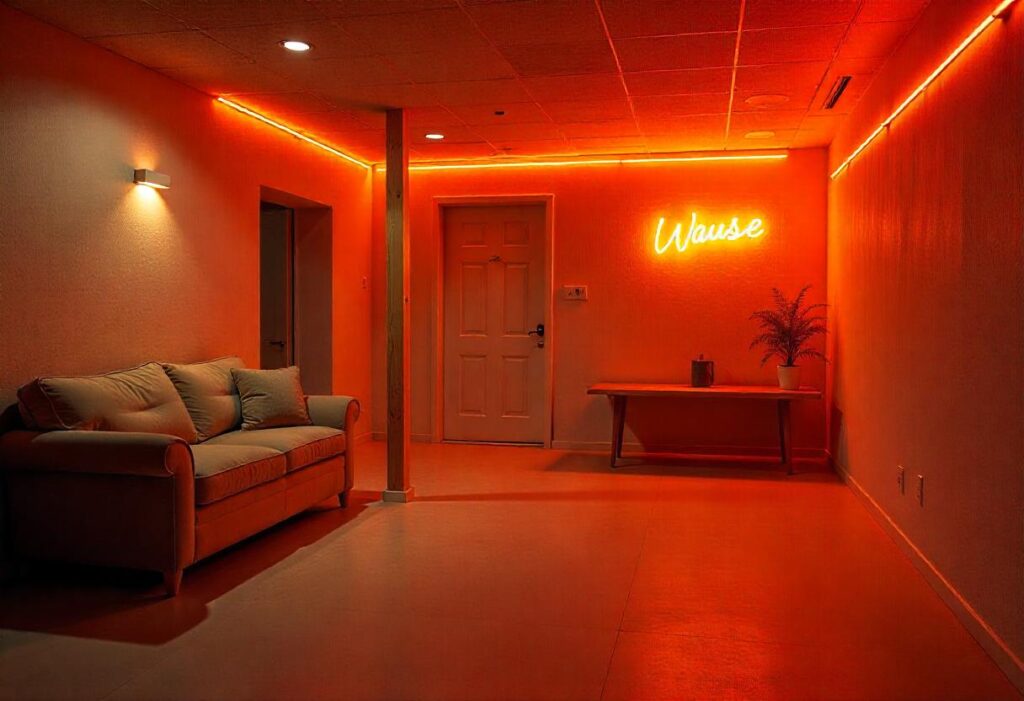 Cozy basement home theater nook with seating