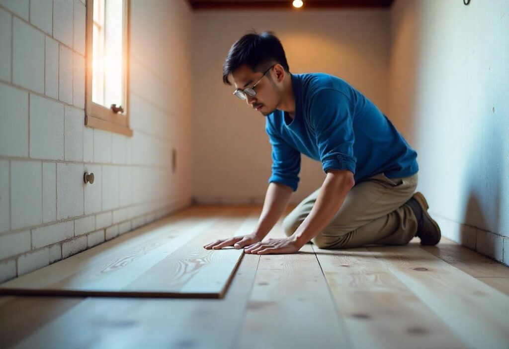 Carpenter assembling and setting up a reading nook in basement