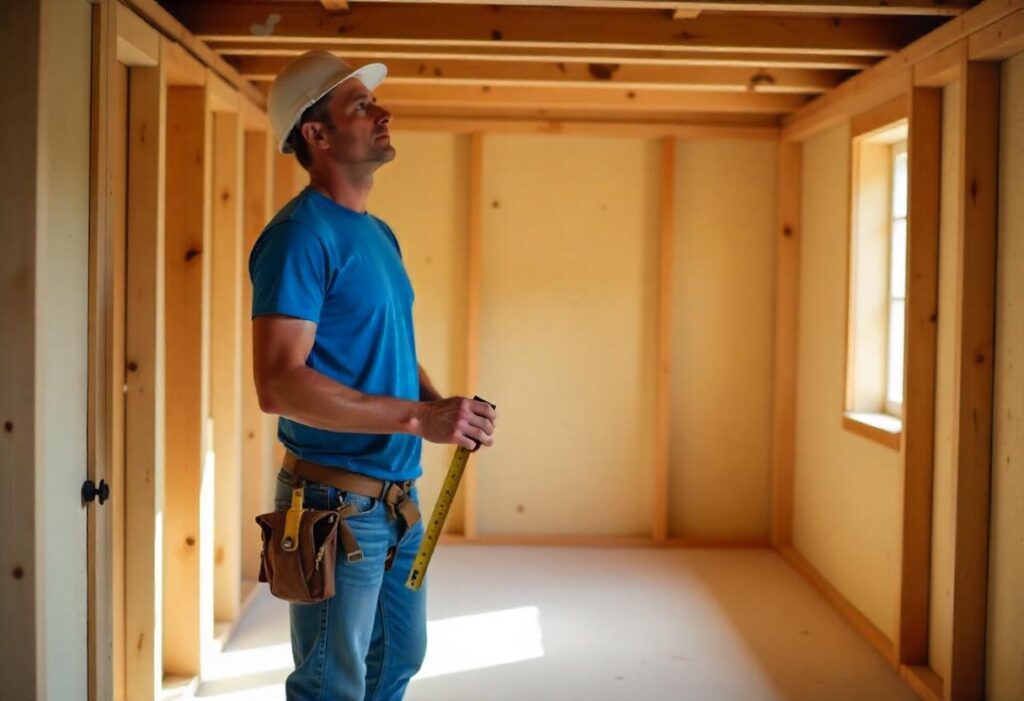 Wooden wall panels being measured in basement renovation