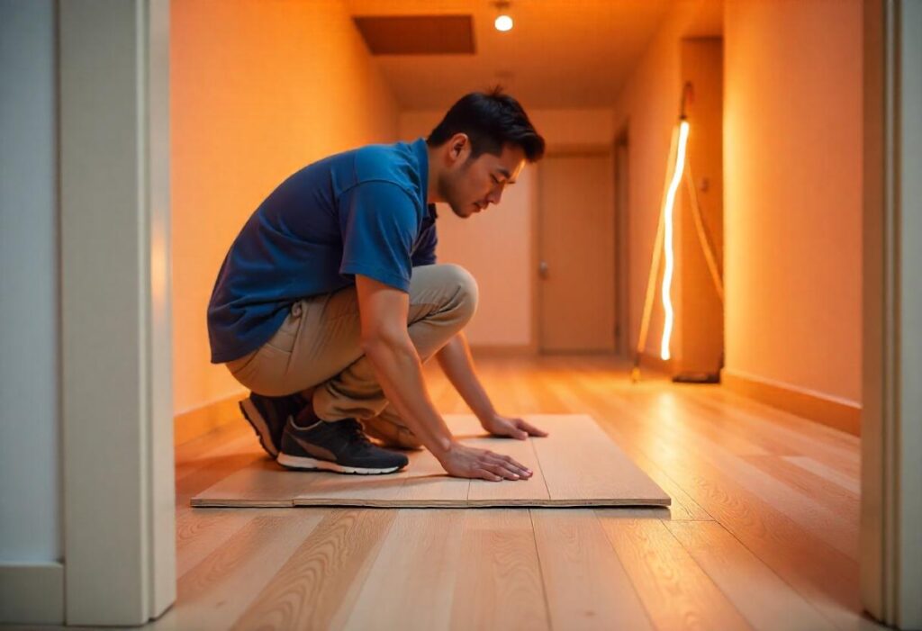 Peel-and-stick vinyl flooring installed in a modern basement