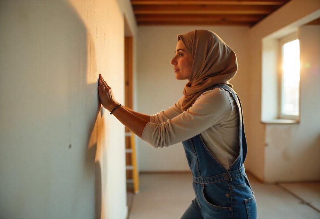 Freshly painted basement walls in a bright, neutral color