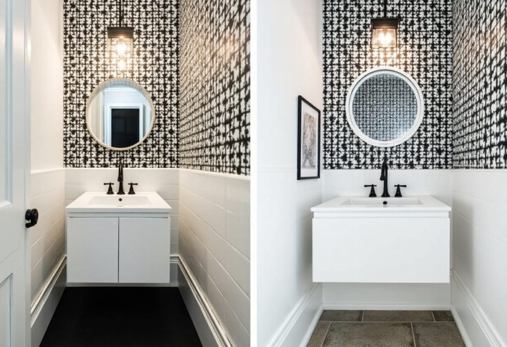 Small powder room transformed into a sleek, modern oasis