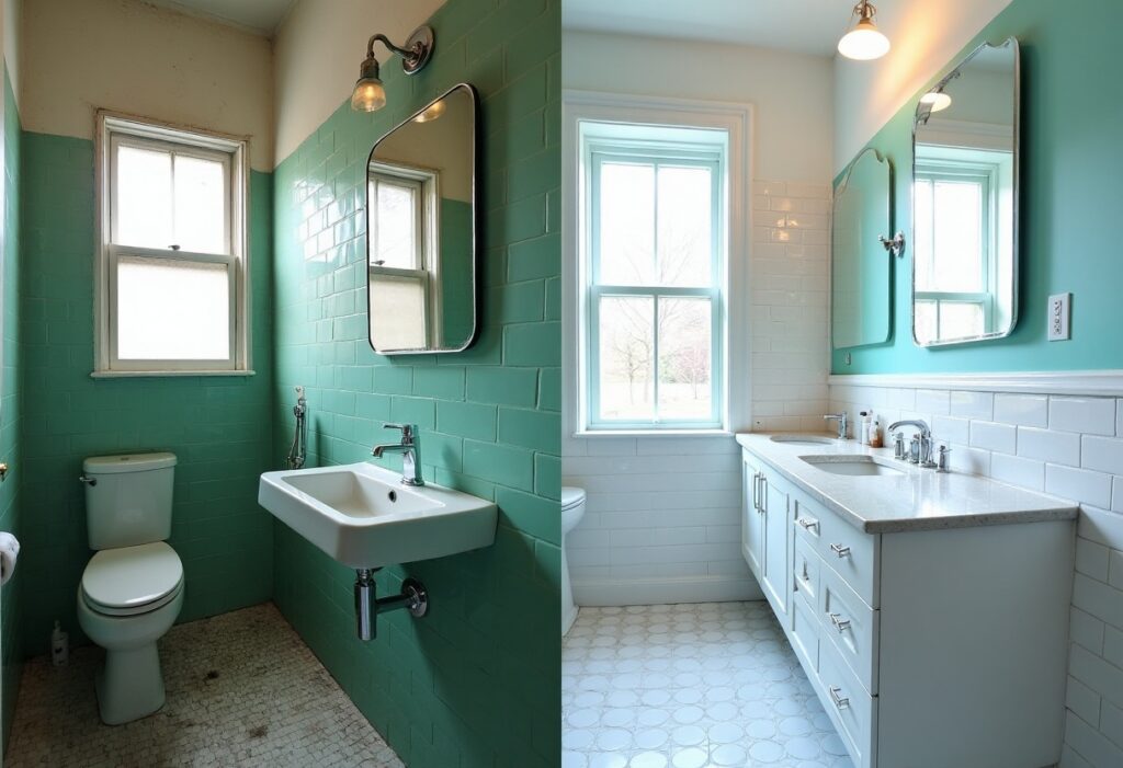 Outdated dark bathroom renovated into a bright, airy retreat